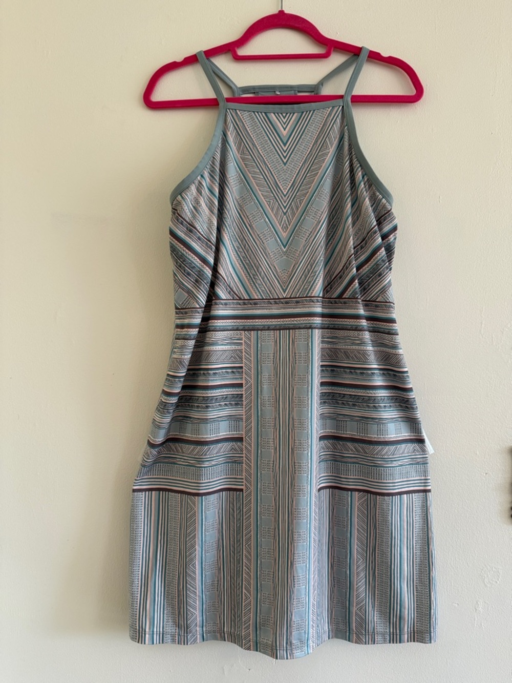 Prana Geo-Stripe Halter Mini Dress in Light Blue and Gray